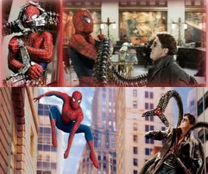 Puzzles de Spiderman luchando contra el villano Doctor Octopus o Doctor  Pulpo, uno de sus mayores enemigos rompecabezas para imprimir